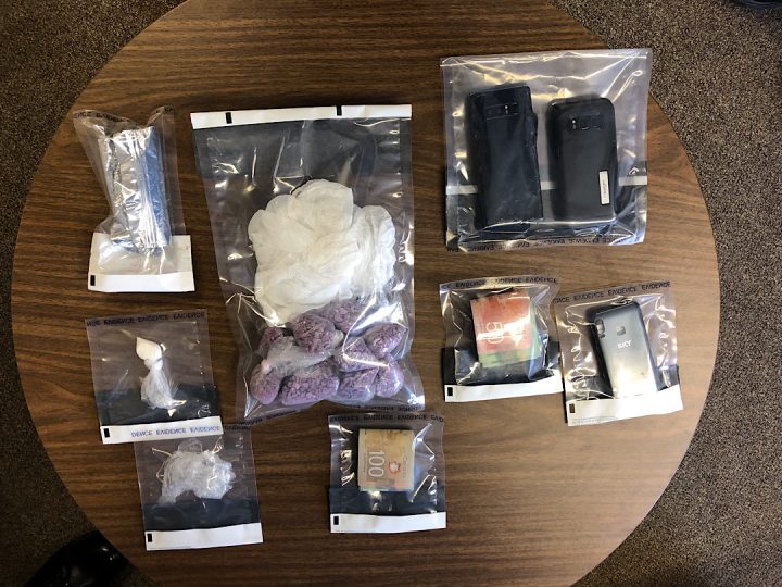 Drugs and evidence seized by the Saskatchewan RCMP at a traffic stop east of Swift Current, Sask., on Dec. 17, 2019.