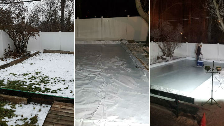 Rob Swallow laid out the frame for his backyard rink in November (left), then added a lining (centre) before flooding the ice (right).