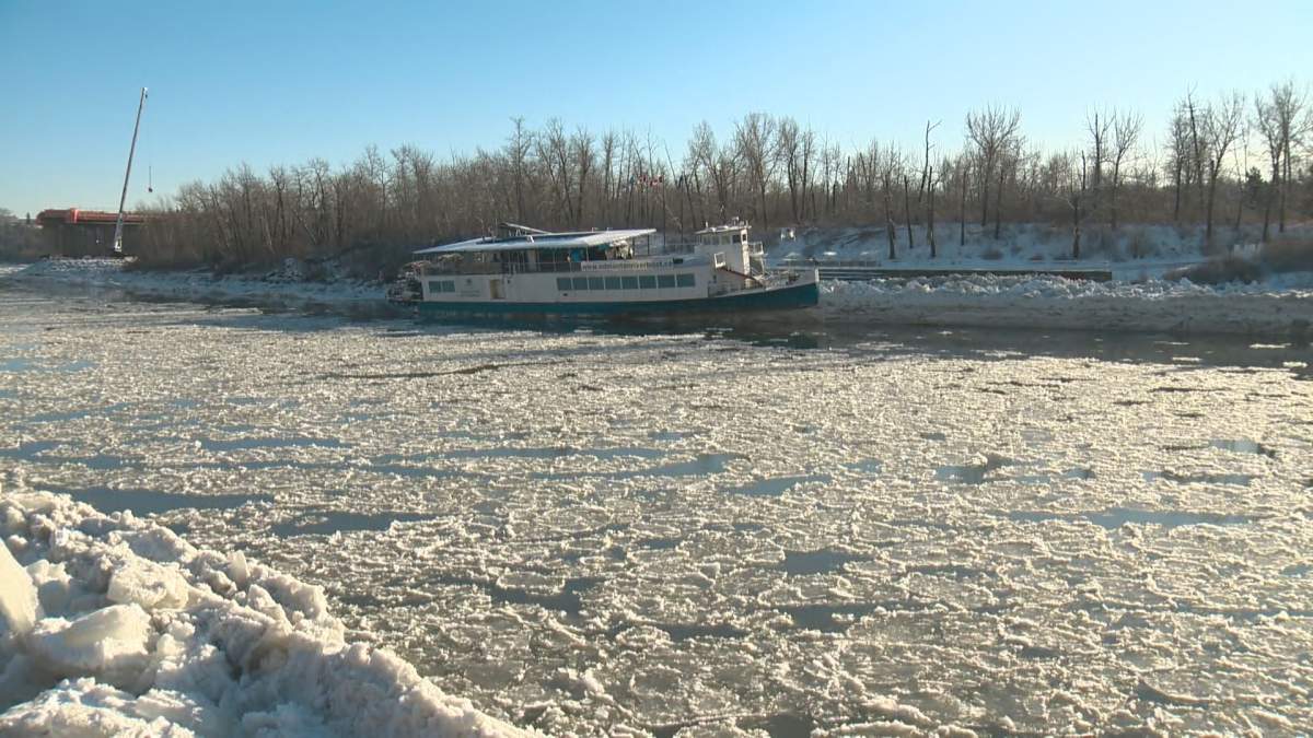 Edmonton Riverboat shoved into ice on North Saskatchewan River on Thursday, Dec. 5, 2019.