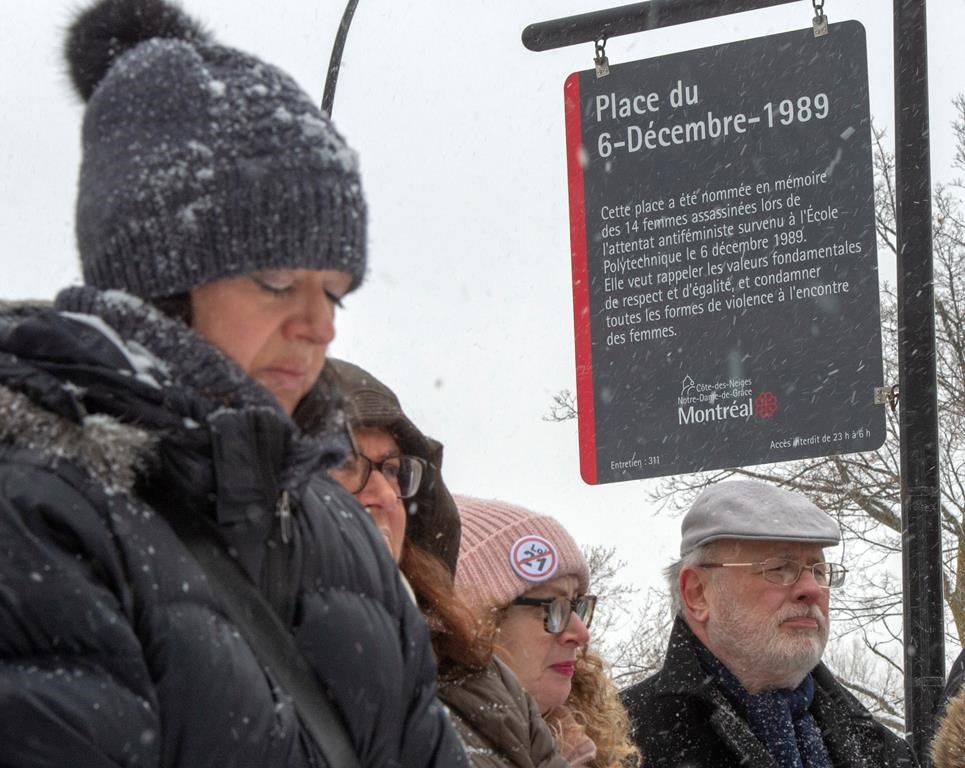 People attend the inauguration of a new sign at Dec. 6th Park commemorating the 30th anniversary of the 1989 Ecole Polytechnique attack where a lone gunman killed 14 female students Thursday, December 5, 2019 in Montreal. The new sign now mentions that it was an attack against women and feminists.THE CANADIAN PRESS/Ryan Remiorz.