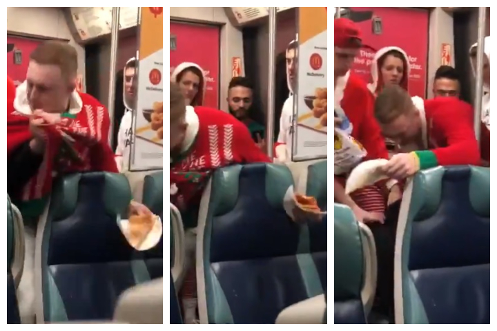 A SantaCon attendee holds onto a slice of pizza during a fight in these still images from video captured Dec. 14, 2019.