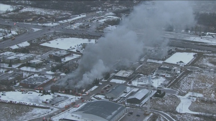 An aerial view of the fire that broke out in Schomberg on Monday morning.