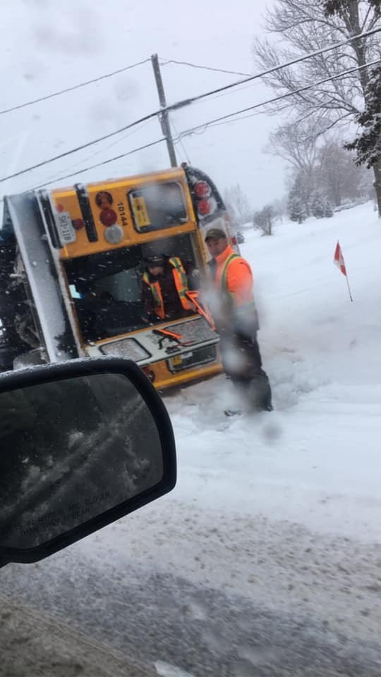 A school bus landed on its side just north of Peterborough on Friday morning.