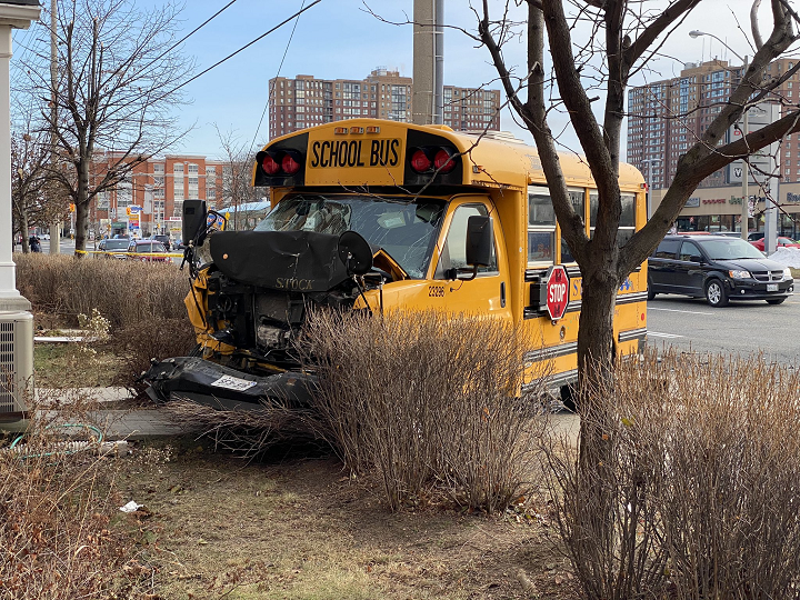 The school bus' front end had extensive damage.