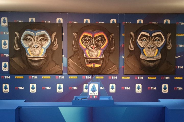 An anti-racism campaign artwork by Italian artist Simone Fugazzotto featuring three side-by-side paintings of apes is presented by Italian soccer league Serie A during a news conference in Milan, Italy, December 16, 2019. 