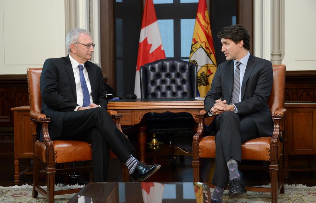 FILE - Prime Minister Justin Trudeau meets with Premier of New Brunswick Blaine Higgs on Parliament Hill in Ottawa on Monday, Dec. 16, 2019. THE CANADIAN PRESS/Sean Kilpatrick.