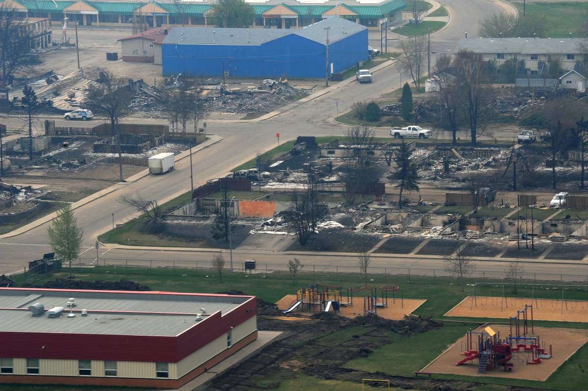 Fire damage is seen from the air as Prime Minister Stephen Harper takes a helicopter tour of the devastation in Slave Lake, Alberta with Premier Ed Stelmach on Friday May 20, 2011.