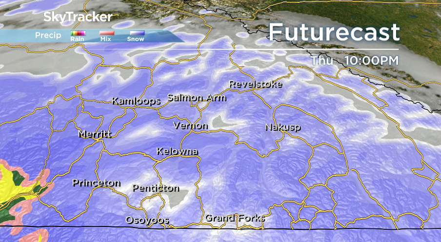 Snow will slide in Thursday night and will engulf the entire Okanagan.
