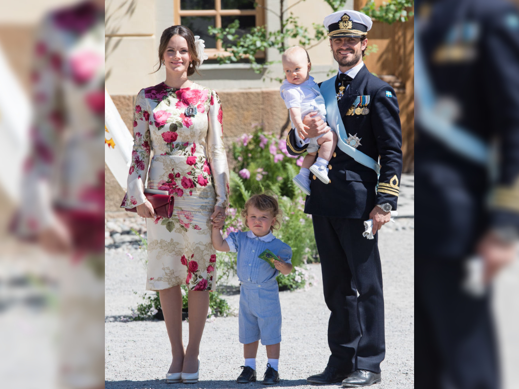 Princess Sofia and Prince Carl Phillip with their kids Prince Alexander and Prince Gabriel attending the christening of Princess Adrienne of Sweden at Drottningholm Palace Chapel on June 8, 2018 in Stockholm, Sweden.