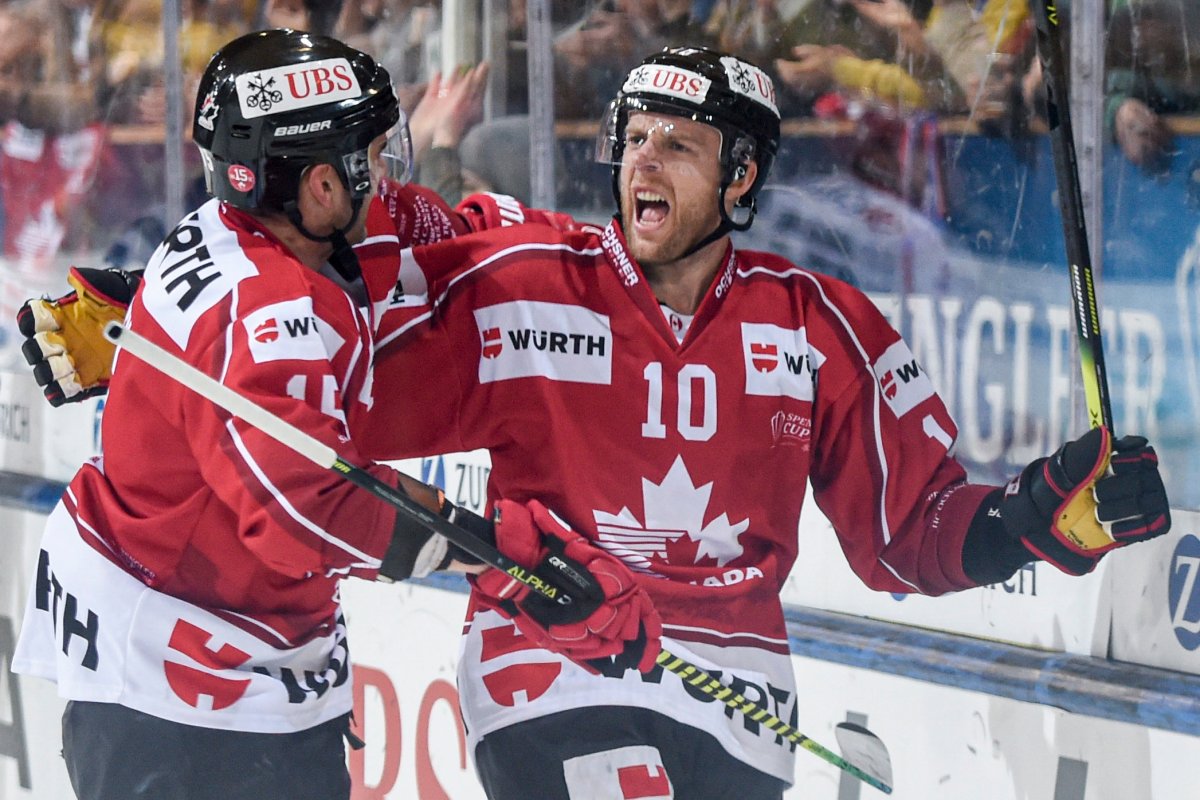 Team Canada's Kris Versteeg celebrates after scoring during the game between HC Ambri-Piotta and HC Ocelari Trinec at the 93th Spengler Cup ice hockey tournament in Davos, Switzerland, Monday, Dec.31, 2019. 