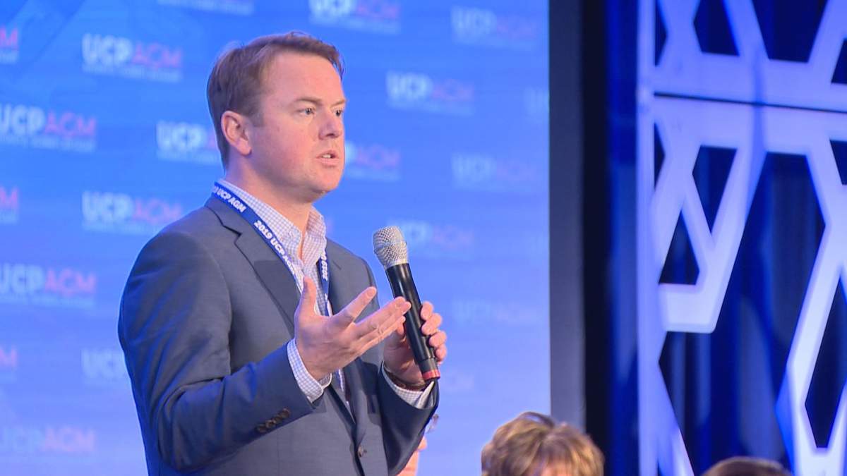 Alberta Health Minister Tyler Shandro speaking at the UCP annual general meeting on December 1, 2019