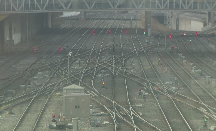 A portion of the extensive rail track network at Toronto’s Union Station.