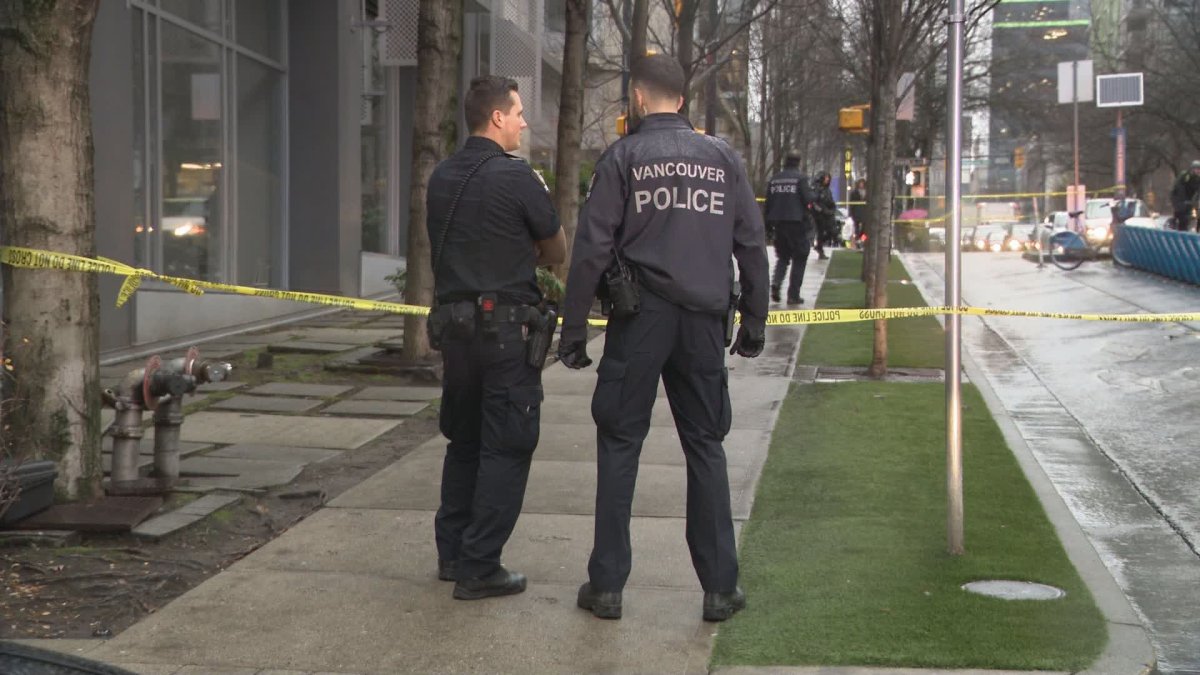Vancouver police at the scene where a man was subdued using a beanbag shotgun. 