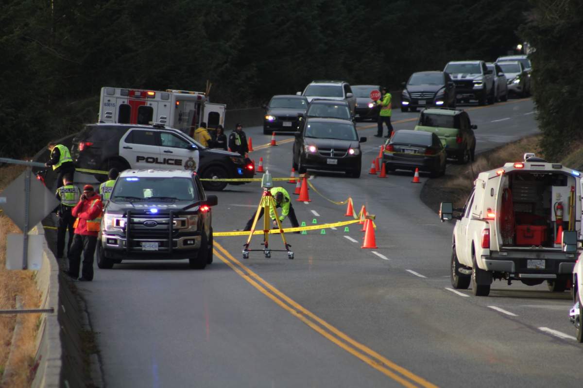 Police on scene of a collision on Cypress Bowl Road in West Vancouver on Dec. 25, 2019