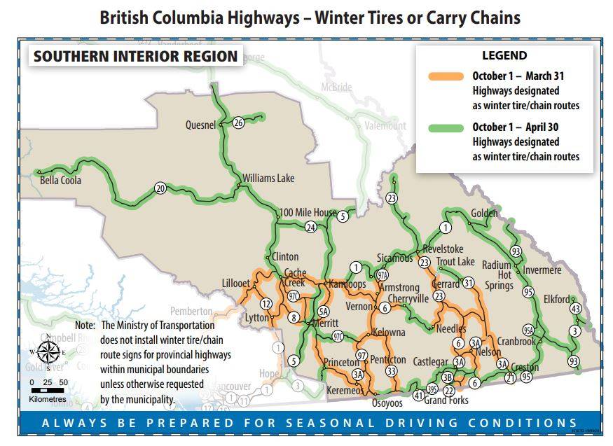 Routes requiring winter tires or carry chains in the southern Interior.
