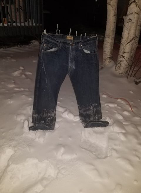 Matt Martel froze a pair of pants on his front lawn in Spruce Grove on Tuesday, Jan. 15, 2020.