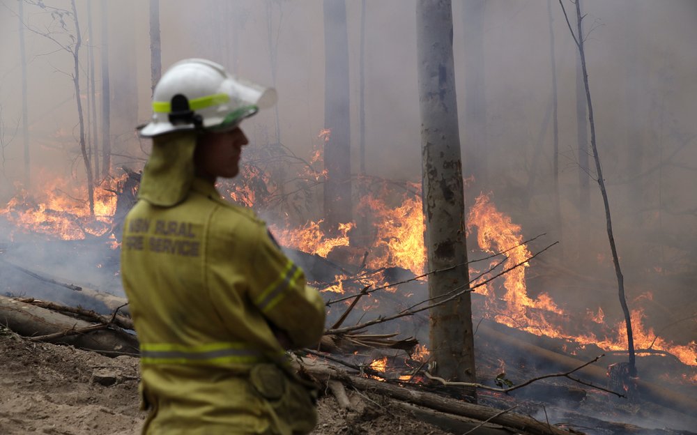 A firefighter keeps an eye on a controlled fire as they work at building a containment line at a wildfire near Bodalla, Australia, Sunday, Jan. 12, 2020. Authorities are using relatively benign conditions forecast in southeast Australia for a week or more to consolidate containment lines around scores of fires that are likely to burn for weeks without heavy rainfall. 