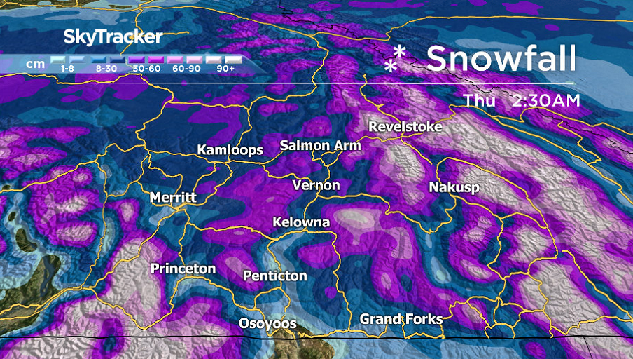 15 to 25 centimetres of snow is possible in parts of the Central and North Okanagan.