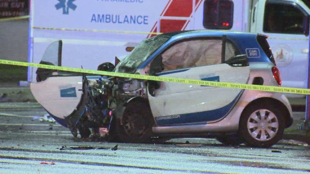 A badly damaged Car2Go seen at the scene of a fatal collision with a taxi on Dec. 29, 2019. 