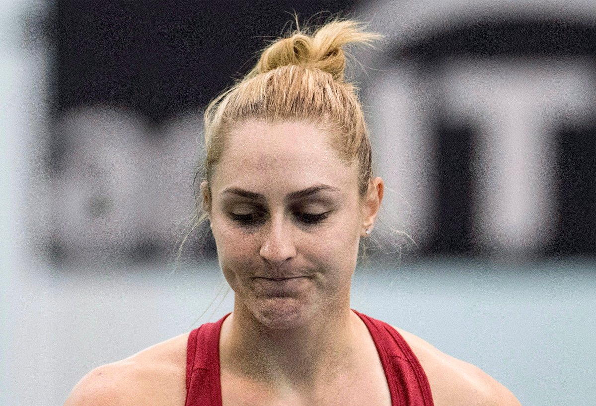 Gabriela Dabrowski of Canada reacts during her match against Kateryna Bondarenko of Ukraine at the Fed Cup tennis tournament in Montreal on Sunday, Apr. 22, 2018.