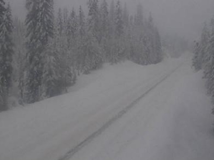 Road conditions at Paulson Summit on Highway 3 on Thursday morning. The snowfall warning for Highway 3 is from Paulson Summit, which is east of Grand Forks, to Kootenay Pass, which is west of Creston.