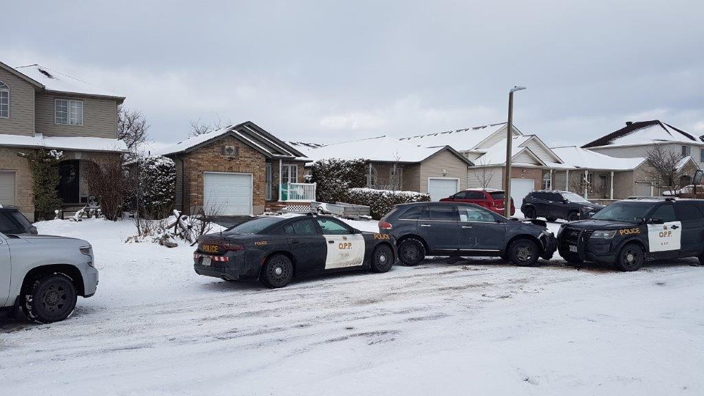 Wellington County OPP say three police cruisers were damaged while officers were making an arrest in Fergus on Monday. 
