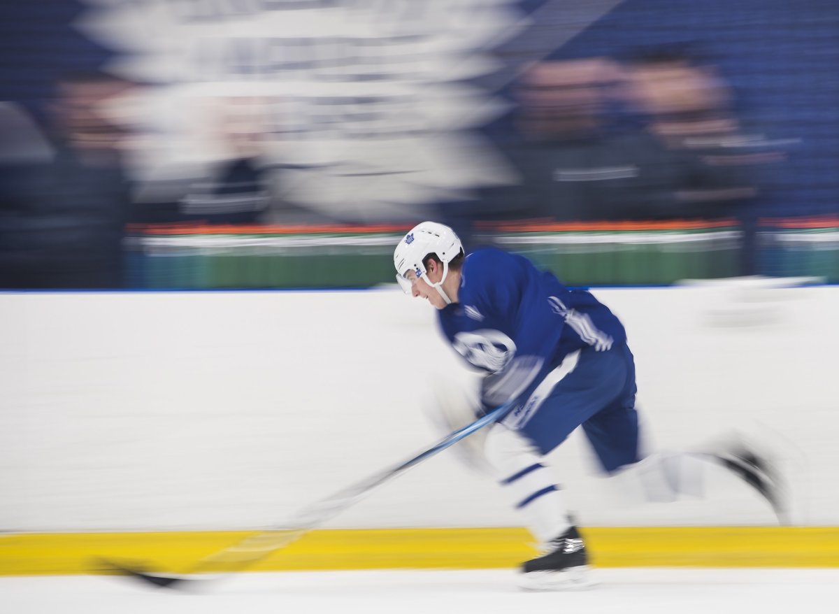 Toronto Maple Leafs right wing Mitch Marner skates up the ice during practice in Toronto on Monday, April 8, 2019. 