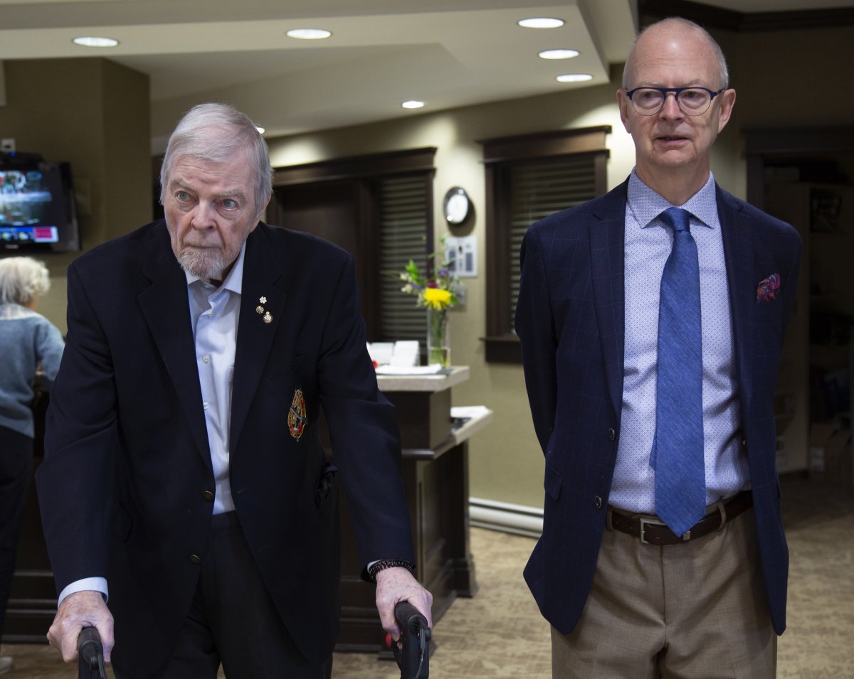 Ches Crosbie, leader of the Provincial Progressive Conservative party with his father, former longtime federal politician John Crosbie prior to lunch on Sunday, May 12, 2019 at Kenny‚Äôs Pond Retirement Residence in St. John‚Äôs N.L., where the elder Crosbie now lives. 