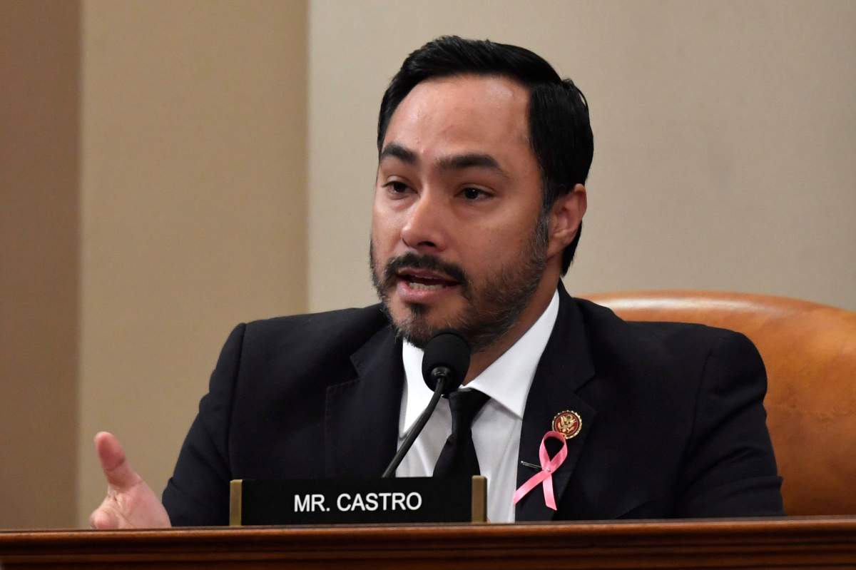 Rep. Joaquin Castro, D-Texas, questions Deputy Assistant Secretary of Defense Laura Cooper, and State Department official David Hale, as they testify before the House Intelligence Committee on Capitol Hill in Washington, Wednesday, Nov. 20, 2019.