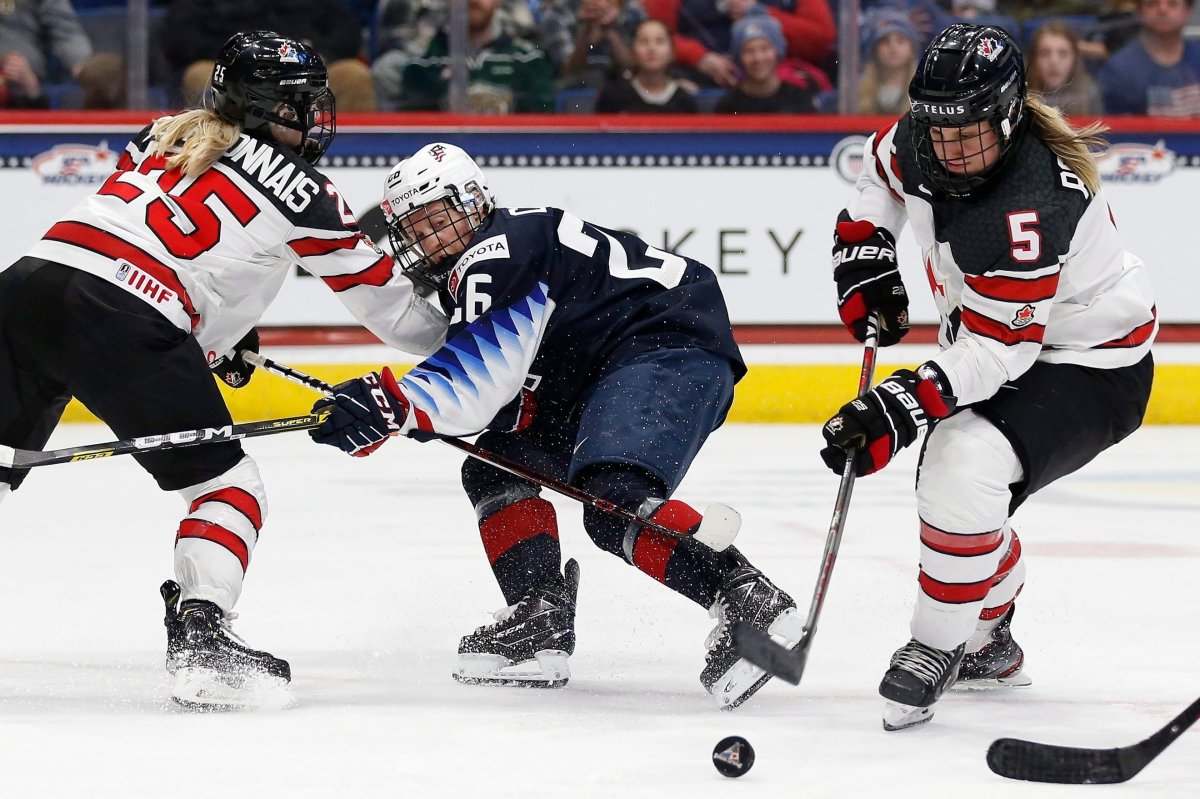 Canada's Lauriane Rougeau (5) and Jaime Bourbonnais (25) defends against United States' Kendall Coyne Schofield (26) during the third period of a rivalry series women's hockey game in Hartford, Conn., Saturday, Dec. 14, 2019. 