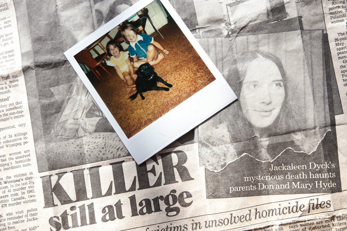 Photos of Denise and Jody, daughters of Jackaleen and Craig Dyck, and news clippings from circa 1980 are shown in Winnipeg Beach, Man., Thursday, Nov.21, 2019. Denise Pochinko, whose mother, Jackaleen Dyck, was murdered in Winnipeg on October 4, 1980 while her and her sister Jody were in the next room, is looking for answers in the unsolved murder. 