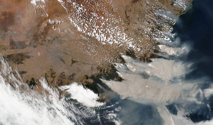 This satellite image provided by NASA on Saturday, Jan. 4, 2020 shows wildfires in Victoria and New South Wales, Australia.