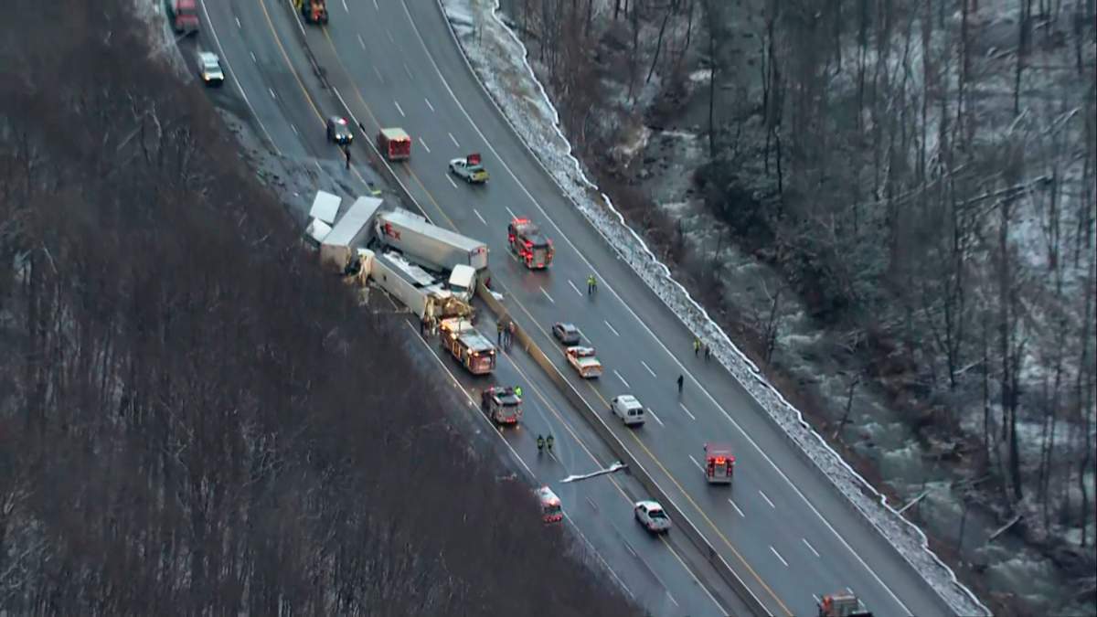 This image from video provided by KDKA TV shows the scene near Greensburg, Pa. along the Pennsylvania Turnpike where at least five people were killed and dozens were injured in a crash early Sunday, Jan. 5, 2020 that involved multiple vehicles, a transportation official said.
