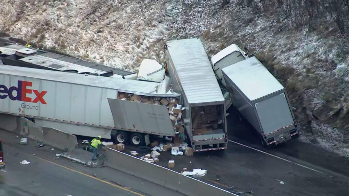 This image from video provided by KDKA TV shows the scene near Greensburg, Pa. along the Pennsylvania Turnpike where at least five people were killed and dozens were injured in a crash early Sunday, Jan. 5, 2020 that involved multiple vehicles, a transportation official said.