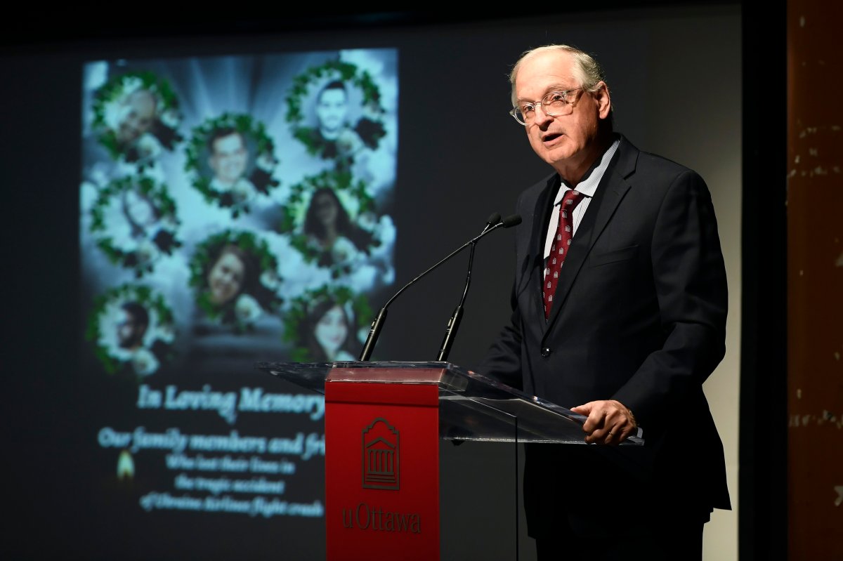 University of Ottawa president Jacques Frémont speaks at a memorial ceremony on Friday, Jan. 10, 2020, to honour three students who died in the crash of Ukraine International Airlines Flight PS752 in Tehran.