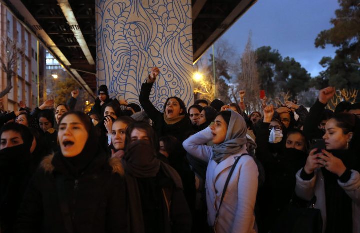 Iranians protest to show their sympathy to victims of Ukraine International Airlines Boeing 737-800 in front of the Amir Kabir University in Tehran, Iran, 11 January 2020.