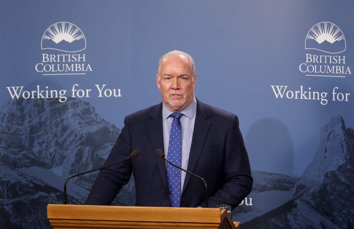 Premier John Horgan holds his first press conference of the year as he comments on various questions from the media in the Press Gallery at B.C. Legislature in Victoria, B.C., on Monday, January 13, 2020. THE CANADIAN PRESS/Chad Hipolito.