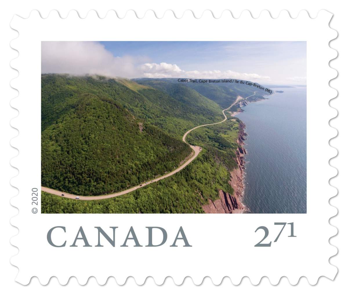 The Cabot Trail on Cape Breton Island, N.S. is shown on a Canada Post stamp in this handout photo. Canada Post has released a set of nine stamps that feature stunning views from across Canada, and three of them feature scenes from the Maritimes.