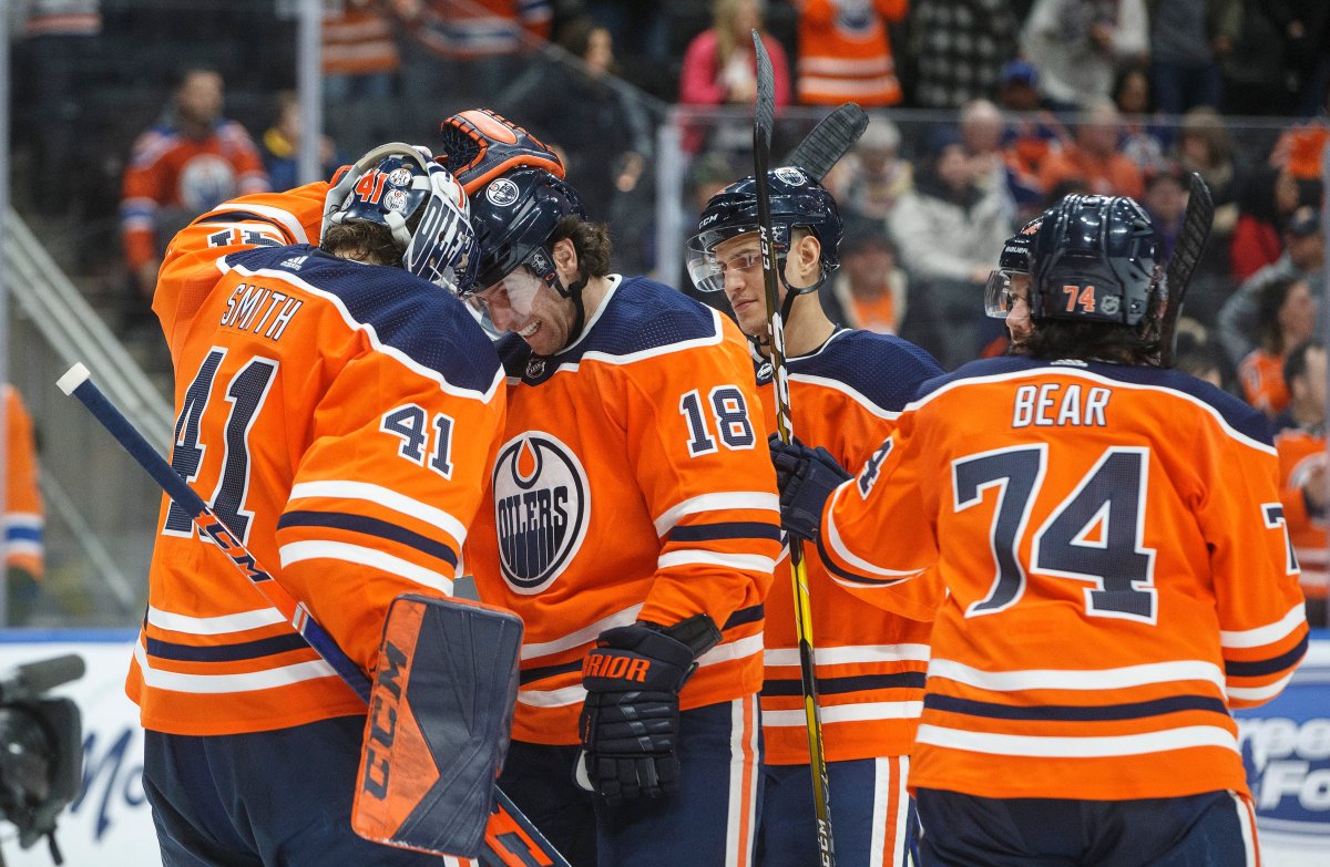Edmonton Oilers celebrate the win over the Nashville Predators during third period NHL action in Edmonton, Tuesday, Jan. 14, 2020. THE CANADIAN PRESS/Jason Franson.