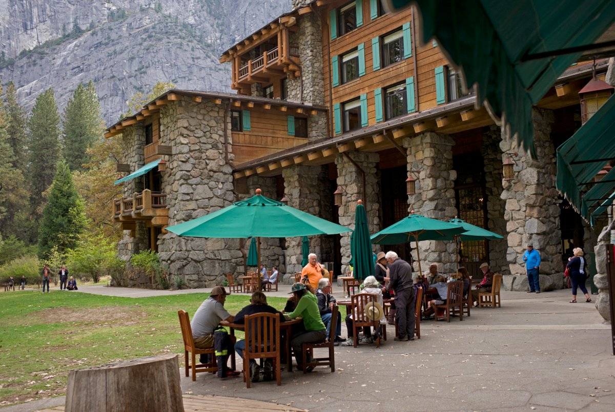 In this Oct. 24, 2015, file photo, people dine outside the Ahwahnee hotel in Yosemite National Park, Calif. Yosemite National Park is investigating about 170 reports of gastrointestinal illnesses and has confirmed two cases of norovirus, officials said Thursday, Jan. 16, 2020. 