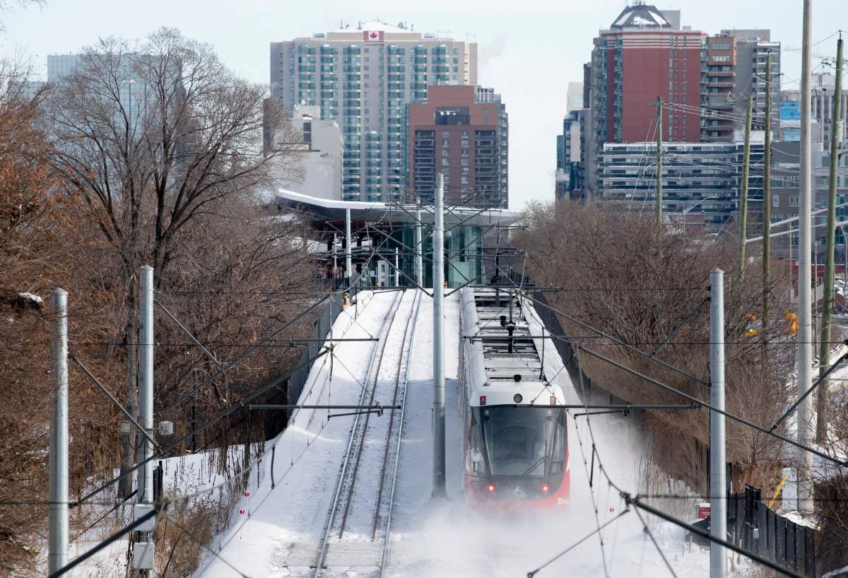 An OC Transpo light rail train is seen heading towards downtown Ottawa, Tuesday, January 21, 2020.