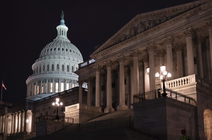 The Senate is seen as the impeachment trial of President Donald Trump is set to resume at the Capitol in Washington, Friday, Jan. 31, 2020.