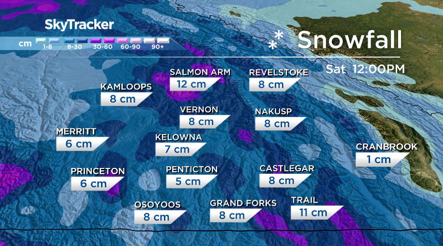 5-10 centimetres of snow is possible in the Okanagan by the middle of the second weekend of 2020.