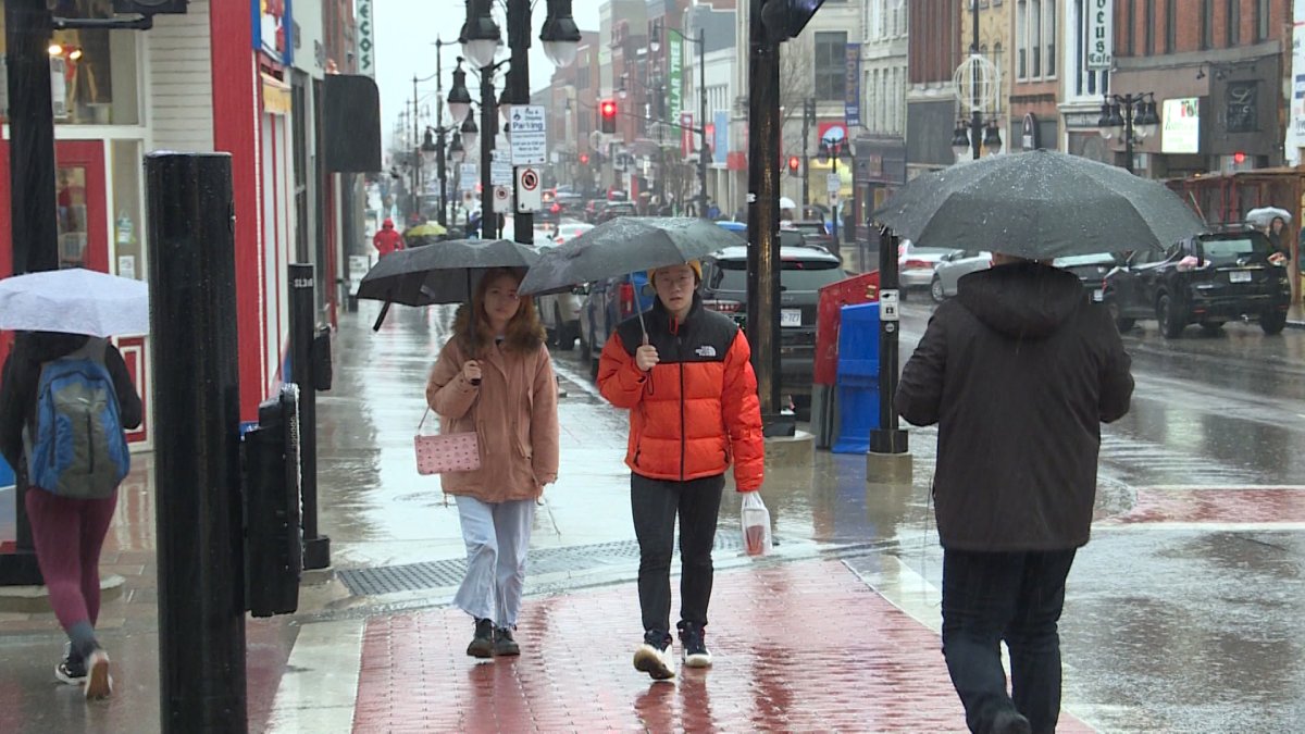 Pedestrians walk on Princess Street in Kingston during heavy rain.