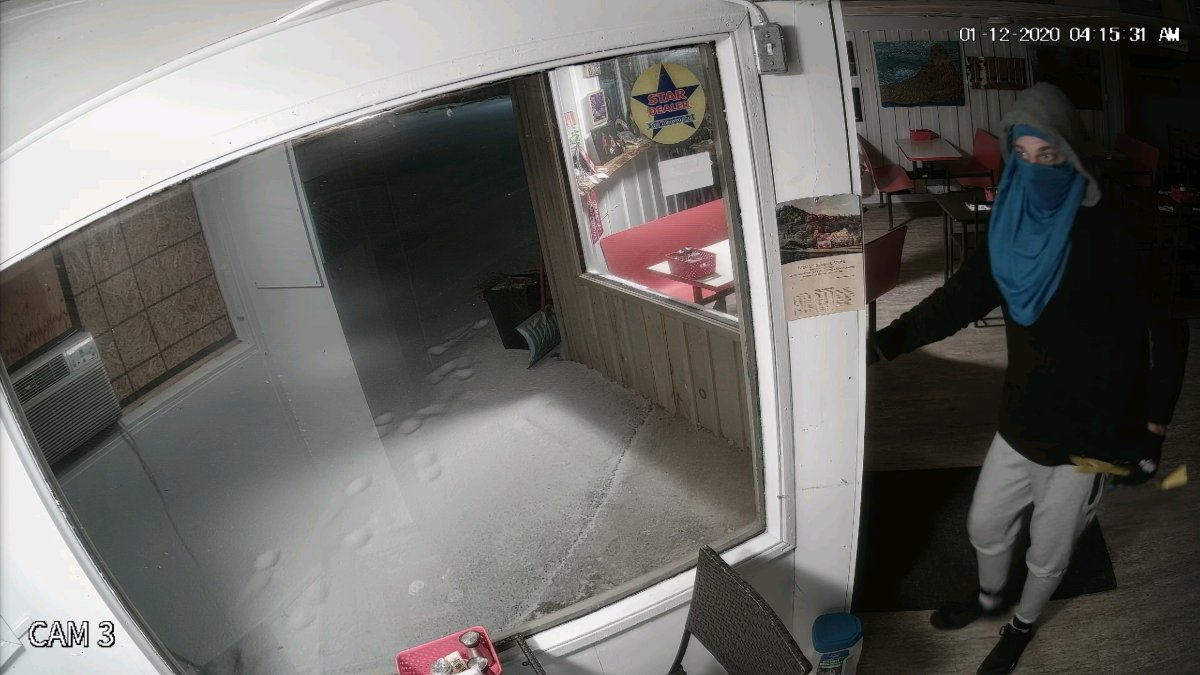 A surveillance video image of a suspect OPP say is connected to three break-ins at businesses in North Kawartha Township.