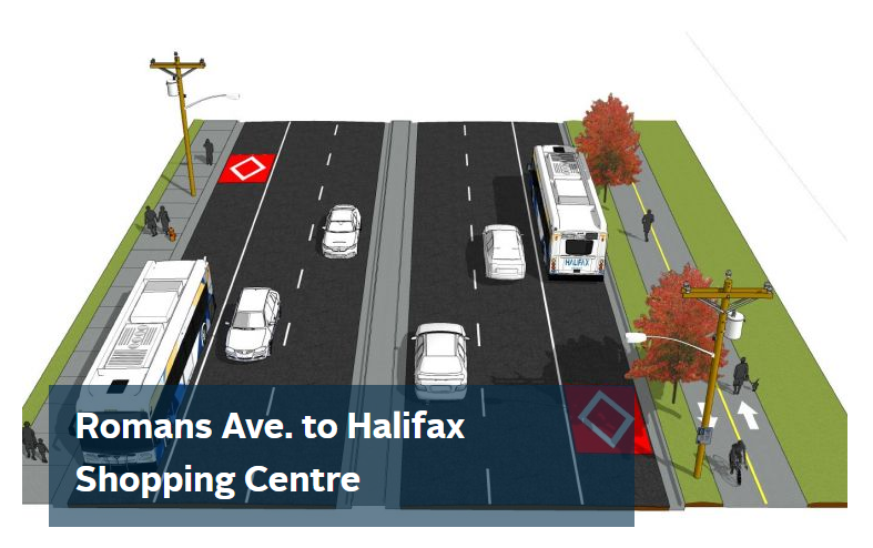 A graphic illustrates the addition of priority bus lanes on Romans Avenue to the Halifax Shopping Centre.