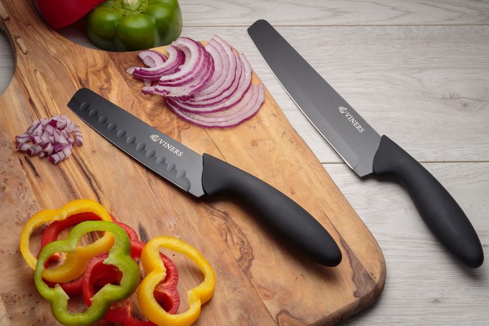 Two squared-off knives are shown from the Assure series offered by Viners.