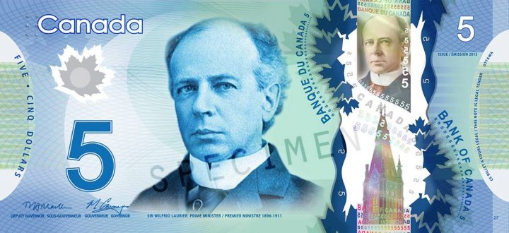 Sir Wilfrid Laurier is shown on Canada's current $5 polymer bank note.