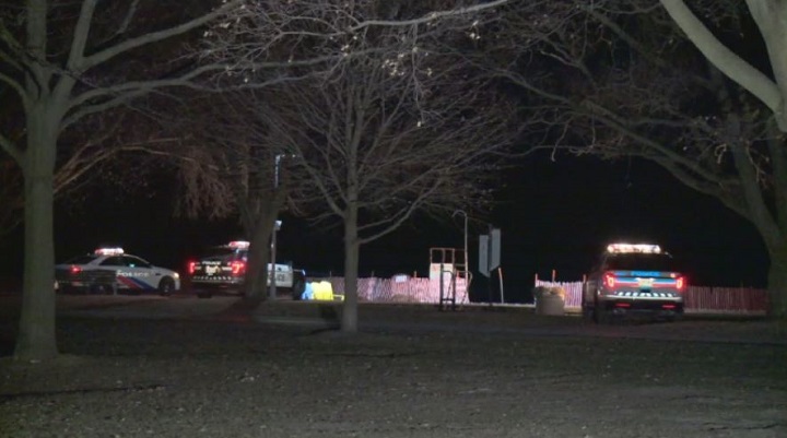 Police respond to the scene after a body was reportedly discovered near a pool by Woodbine Beach.