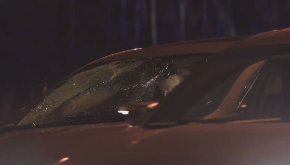 A car can be seen with damage to the front windshield.